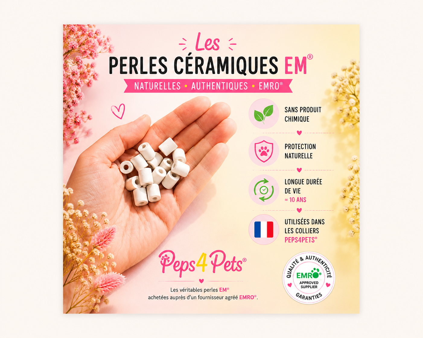Main présentant de véritables perles céramiques EM® utilisées dans les colliers antiparasitaires naturels Peps4Pets®. Ces perles, achetées auprès d'un fournisseur agréé EMRO®, offrent une protection naturelle contre les tiques, les puces et les moustiques, sans produit chimique.