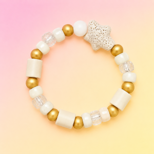 Bracelet anti-moustique naturel Urrezko Izarra en perles céramiques EM® blanches et dorées fabriqué à la main par PEPS4PETS®.